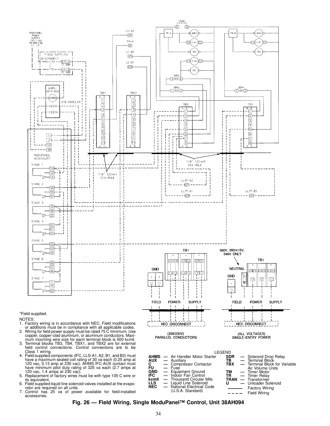 Carrier 38AH044-084 specifications Field Wiring, Single ModuPanel Control, Unit 38AH094 