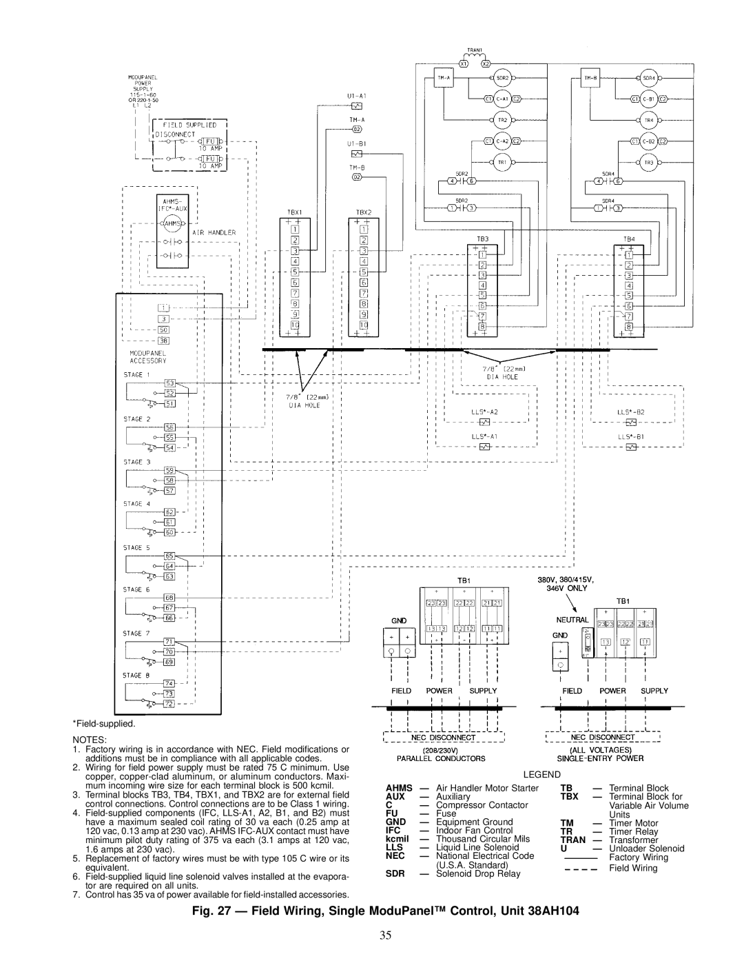 Carrier 38AH044-084 specifications Field Wiring, Single ModuPanel Control, Unit 38AH104 