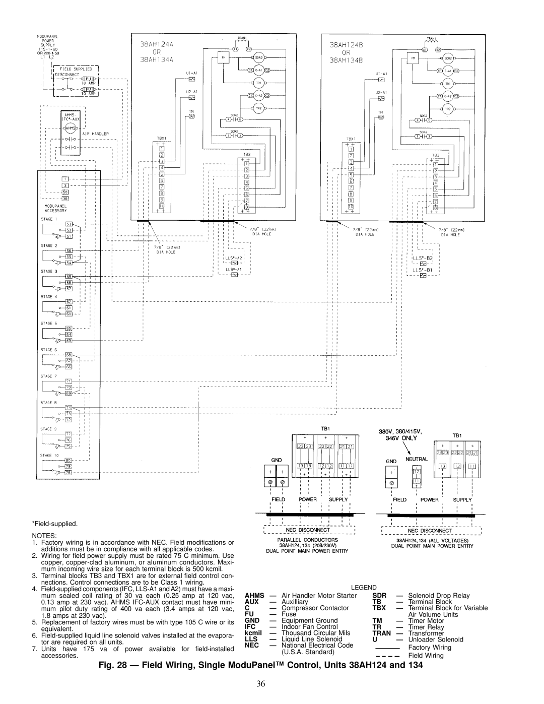 Carrier 38AH044-084 specifications Field Wiring, Single ModuPanel Control, Units 38AH124 