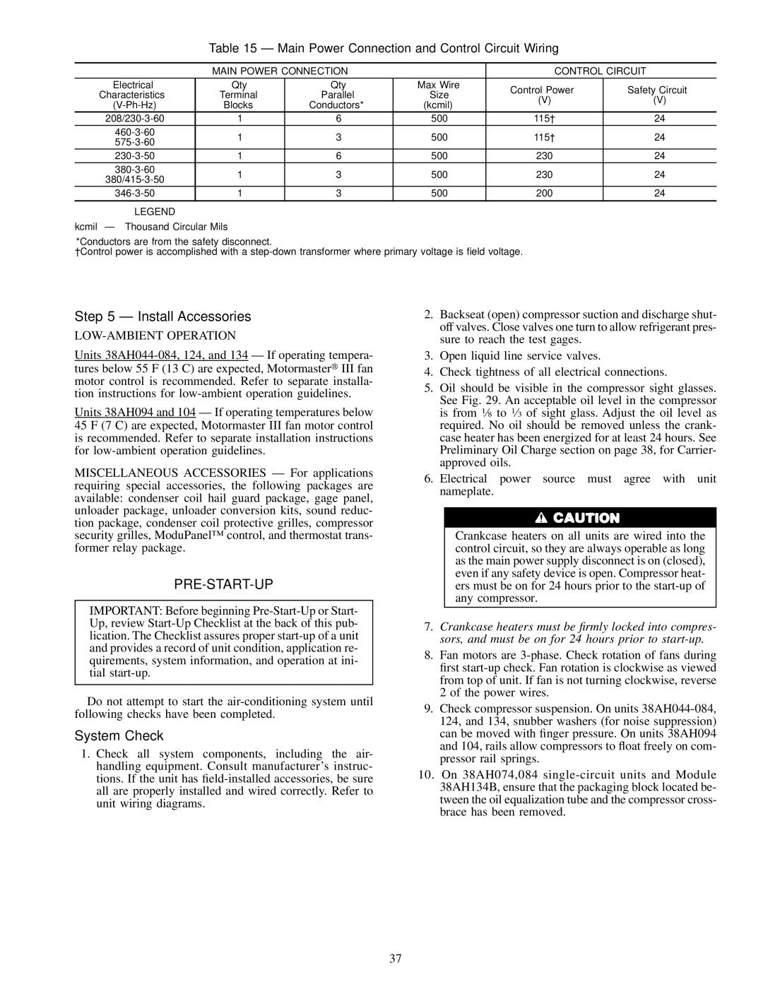 Carrier 38AH044-084 Install Accessories, System Check, Main Power Connection and Control Circuit Wiring, Control Power 