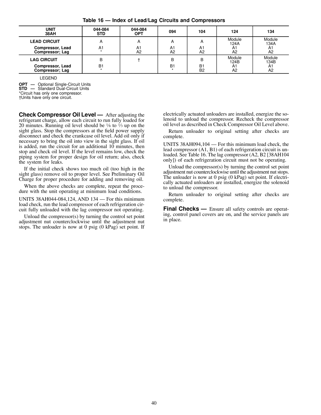 Carrier 38AH044-084 Index of Lead/Lag Circuits and Compressors, 044-084 094 104 124 134 38AH, STD OPT Lead Circuit 