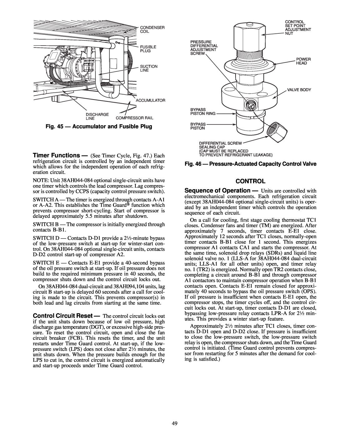 Carrier 38AH044-084 specifications Ð Accumulator and Fusible Plug, Ð Pressure-ActuatedCapacity Control Valve 