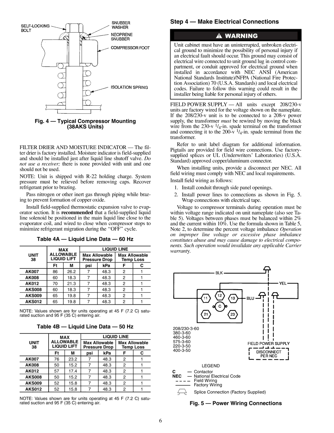 Carrier 38AK007, 38AKS012, 38AK008 Make Electrical Connections, Liquid Line Data 60 Hz, Liquid Line Data 50 Hz, Liquid Lift 