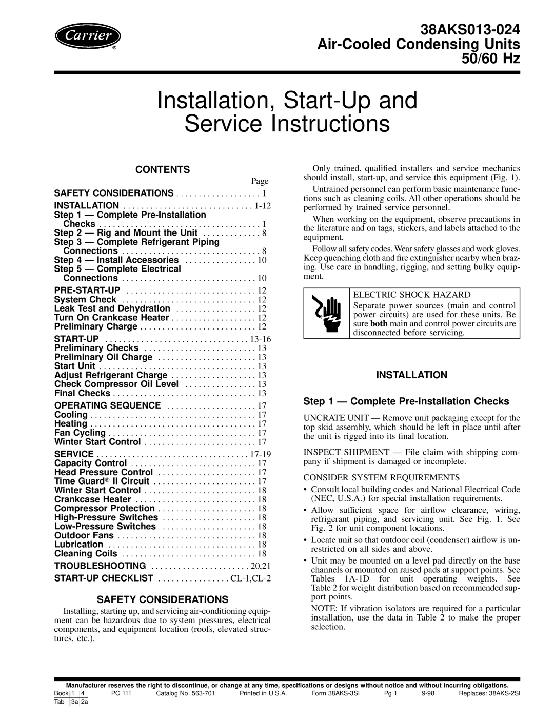 Carrier 38AKS013-024 specifications Contents, Safety Considerations, Installation 