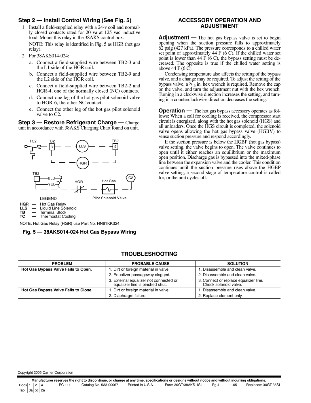 Carrier 38AKS014-024, 30GT015-035 Install Control Wiring See Fig, Accessory Operation Adjustment, Troubleshooting 