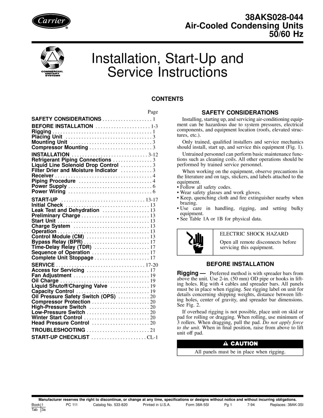 Carrier 38AKS028-044 dimensions Contents, Safety Considerations, Before Installation 