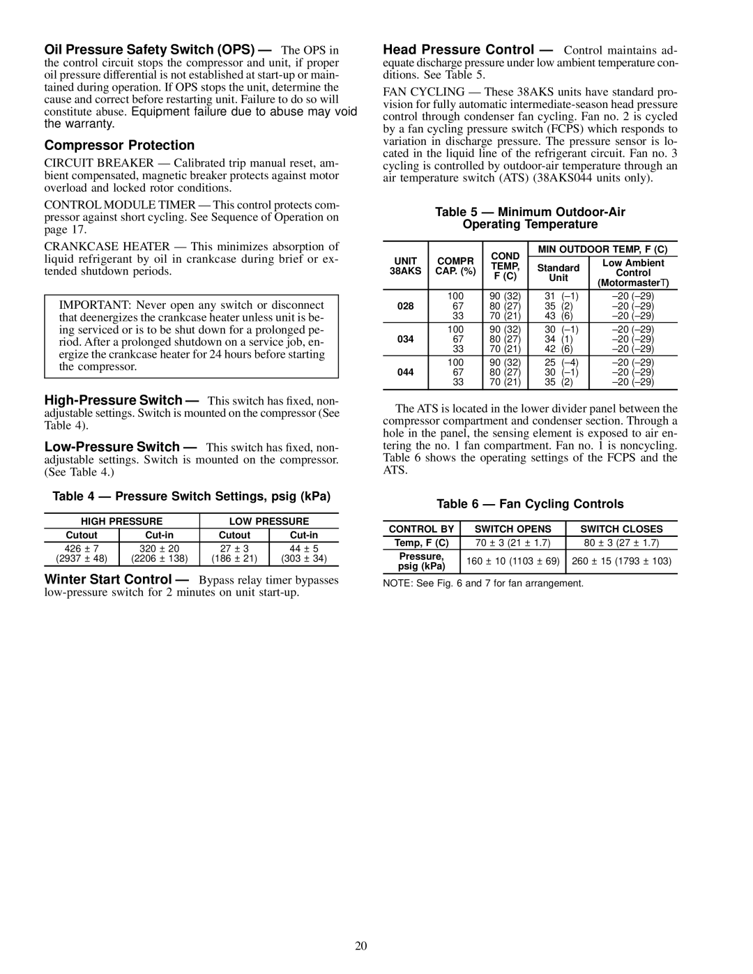 Carrier 38AKS028-044 Pressure Switch Settings, psig kPa, Minimum Outdoor-Air Operating Temperature, Fan Cycling Controls 