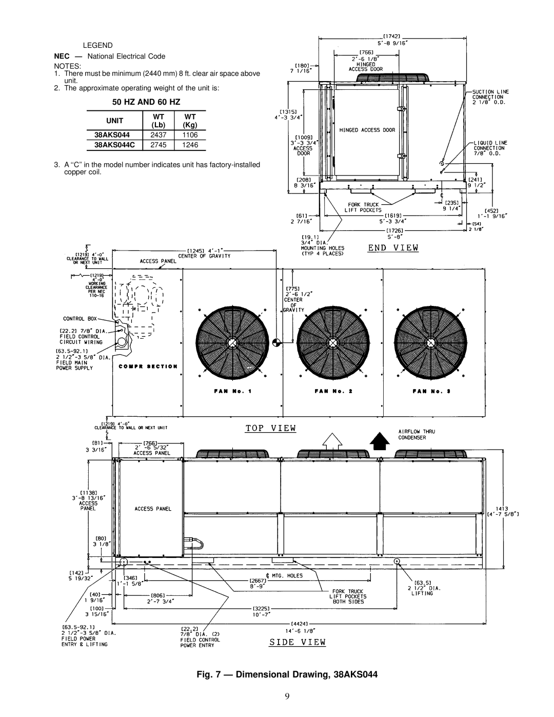 Carrier 38AKS028-044 dimensions 38AKS044 2437, 38AKS044C 2745 1246 