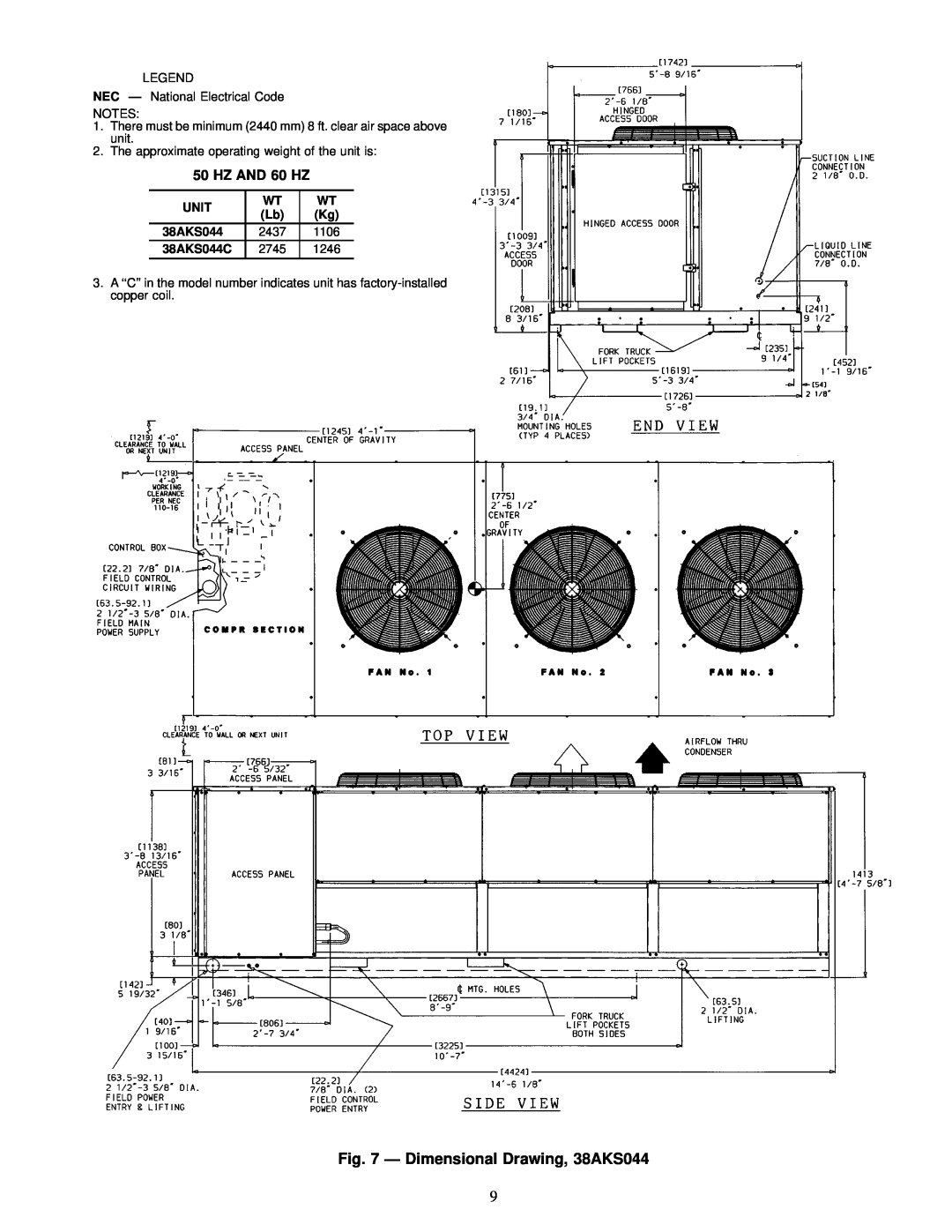 Carrier 38AKS028-044 dimensions Ð Dimensional Drawing, 38AKS044, HZ AND 60 HZ, 1106 