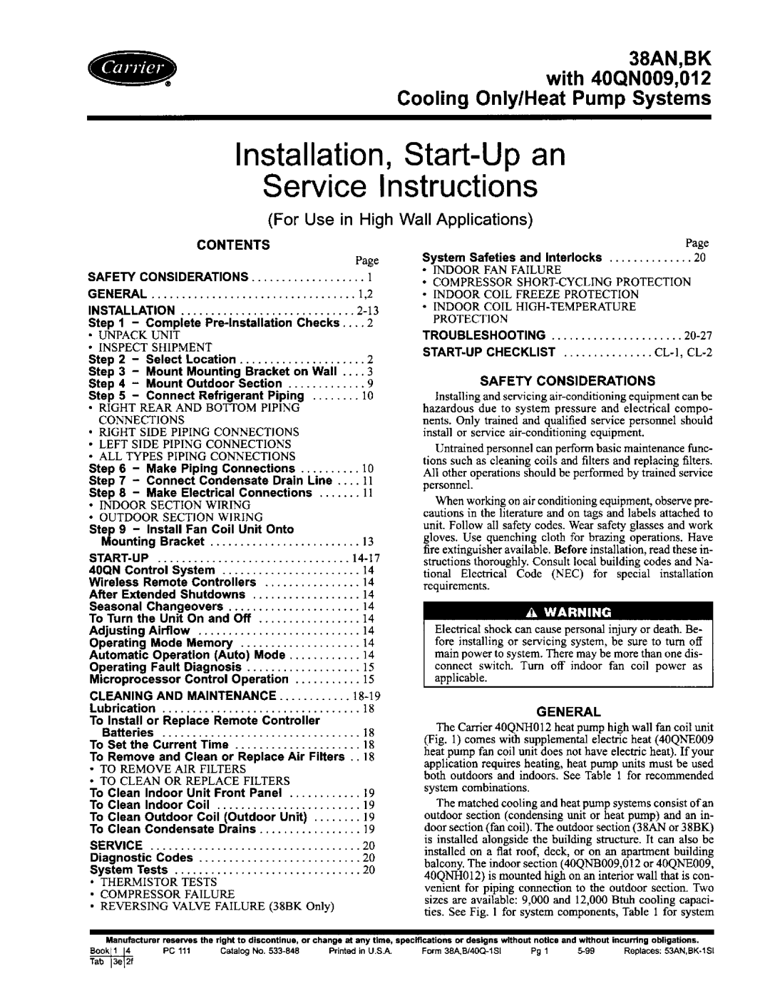 Carrier 38AN,BK specifications Service Instructions 