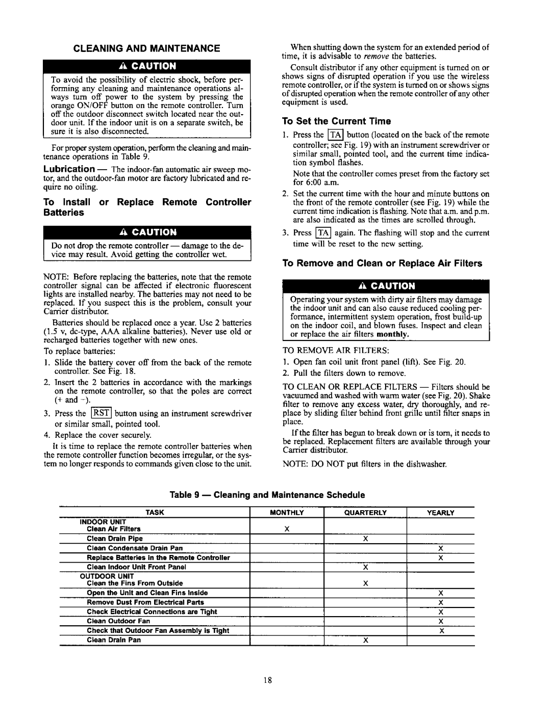 Carrier 38AN,BK specifications To Install or Replace Remote Controller Batteries, Cleaning and Maintenance Schedule 