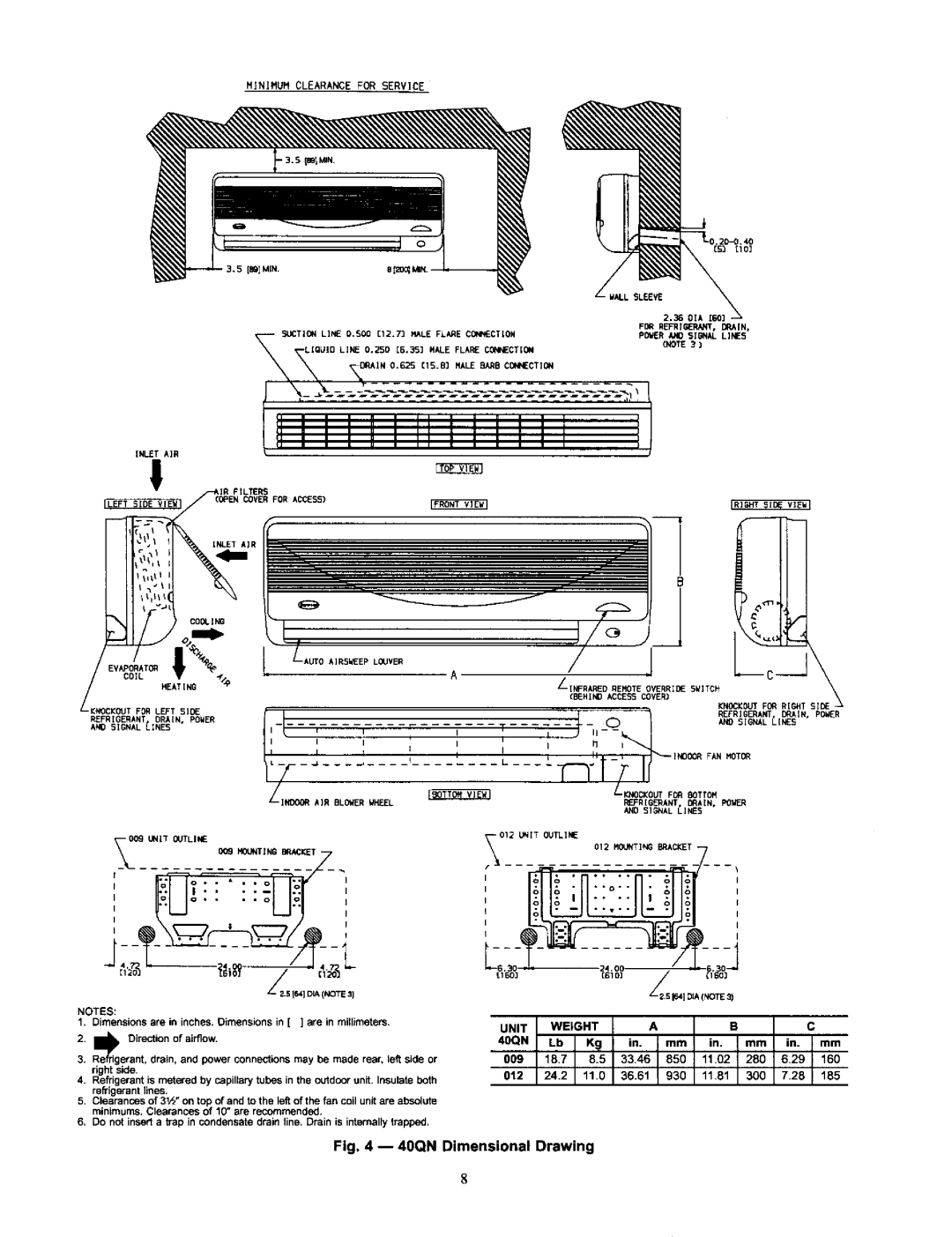 Carrier 38AN,BK specifications 40QN Dimensional Drawing, Unit Weightabc 