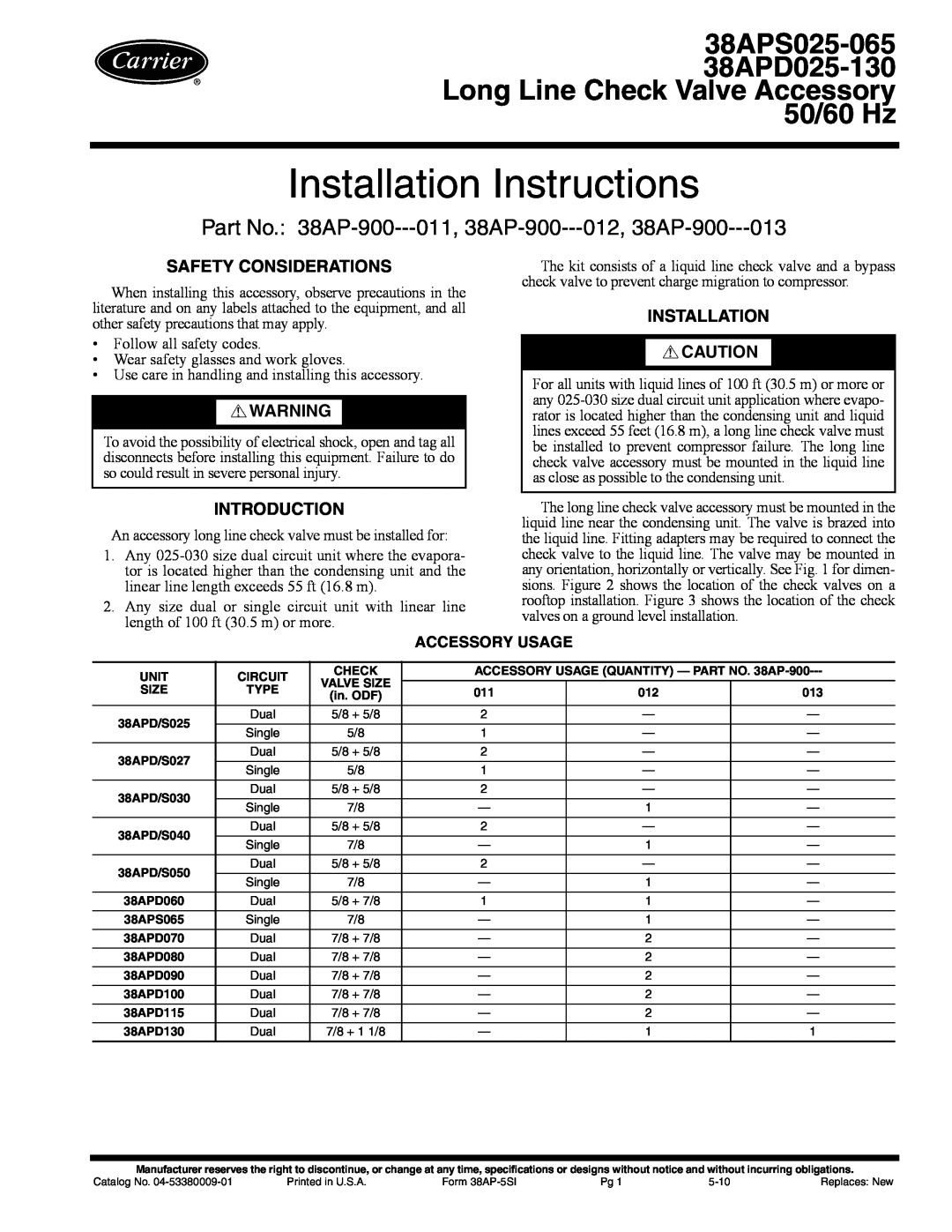 Carrier 38APS025-065 installation instructions Accessory Usage, Installation Instructions, Safety Considerations 