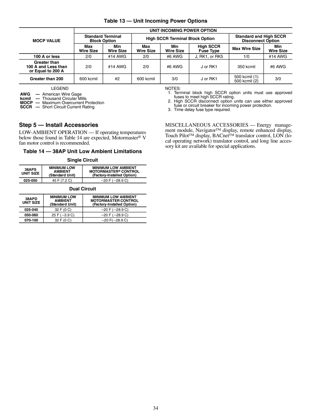 Carrier 38APS025-050 Unit Incoming Power Options, 38AP Unit Low Ambient Limitations, Single Circuit, Dual Circuit 