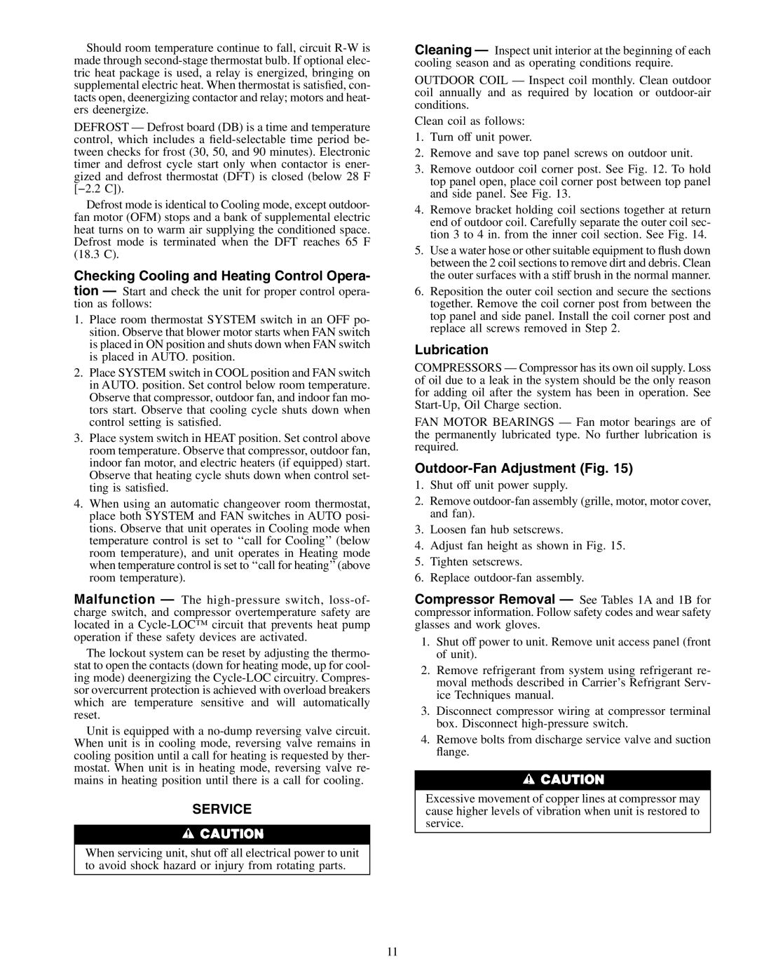 Carrier 38AQS008 Checking Cooling and Heating Control Opera, Service, Lubrication, Outdoor-Fan Adjustment Fig 