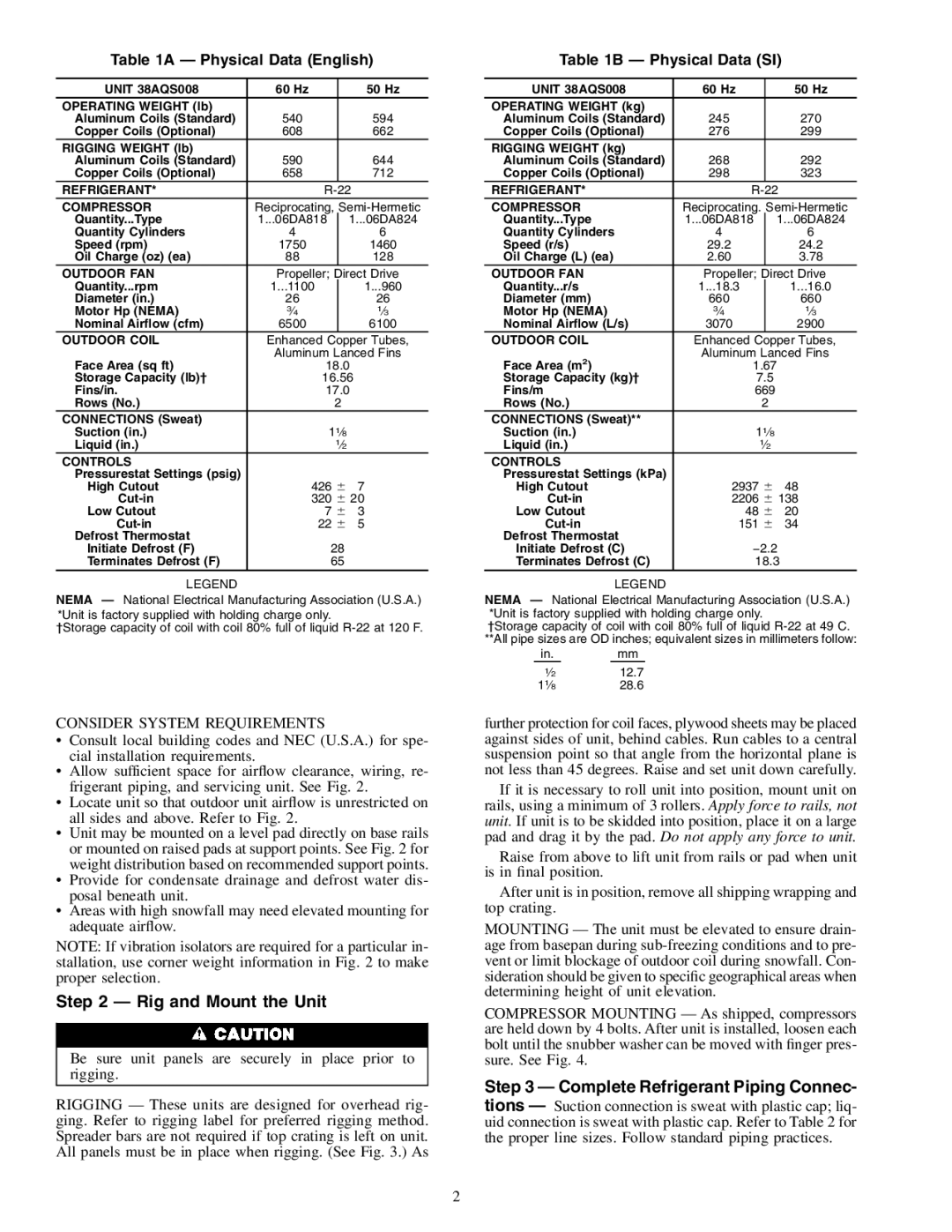 Carrier 38AQS008 Rig and Mount the Unit, Complete Refrigerant Piping Connec, Physical Data English, Physical Data SI 