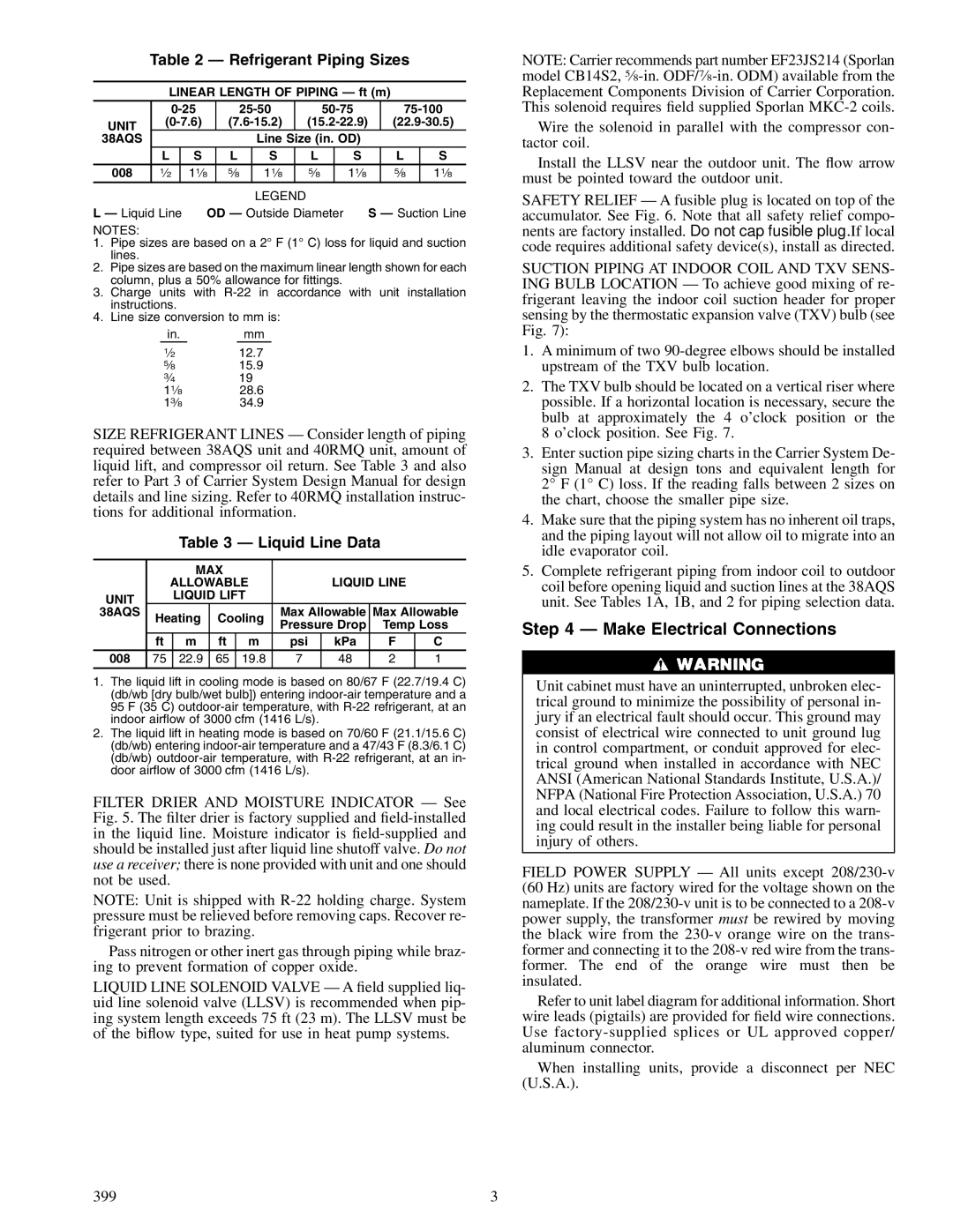 Carrier 38AQS008 specifications Make Electrical Connections, Refrigerant Piping Sizes, Liquid Line Data 