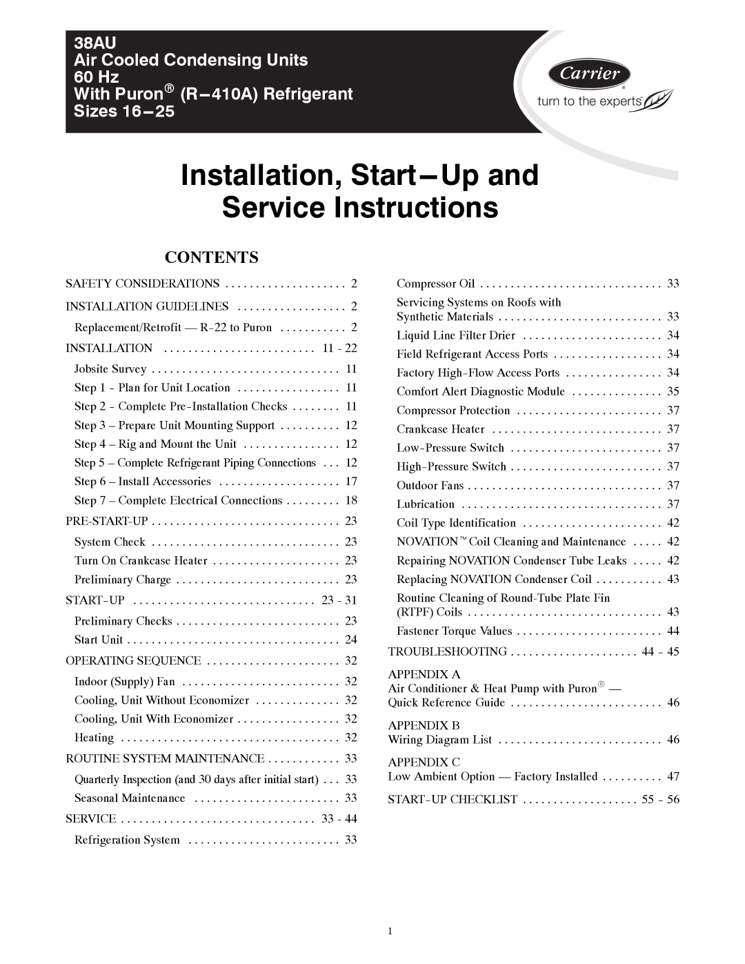 Carrier 38AU appendix Installation, Start---Up Service Instructions, Contents 