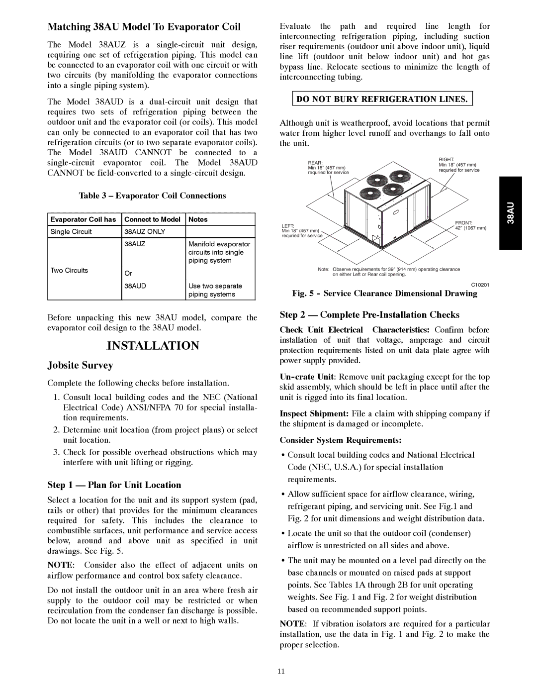 Carrier appendix Installation, Matching 38AU Model To Evaporator Coil, Jobsite Survey, Do not Bury Refrigeration Lines 