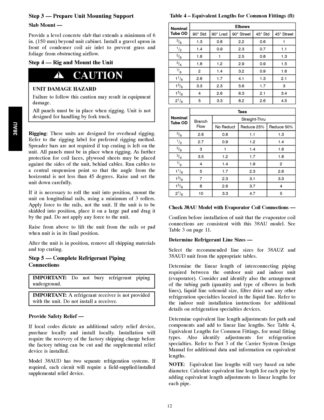 Carrier 38AU appendix Slab Mount, Equivalent Lengths for Common Fittings ft, Provide Safety Relief 