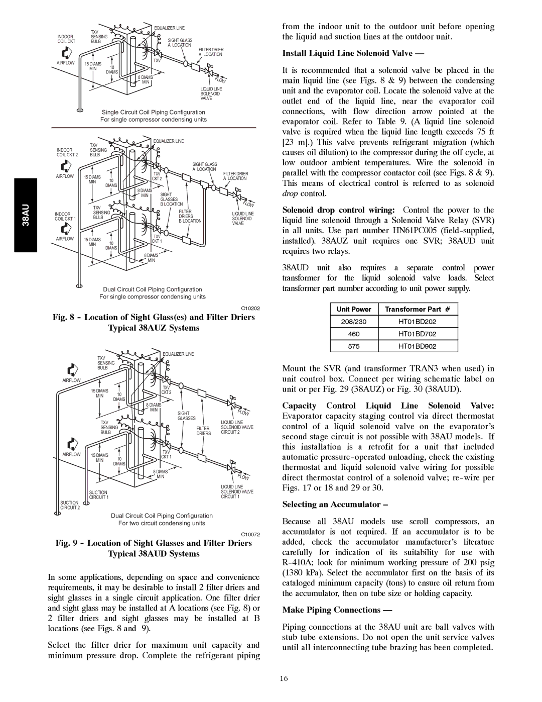 Carrier 38AU Install Liquid Line Solenoid Valve, Capacity Control Liquid Line Solenoid Valve, Selecting an Accumulator 