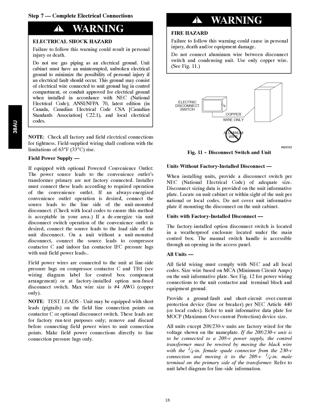 Carrier 38AU appendix Field Power Supply, Fire Hazard, Units with Factory-Installed Disconnect, All Units 