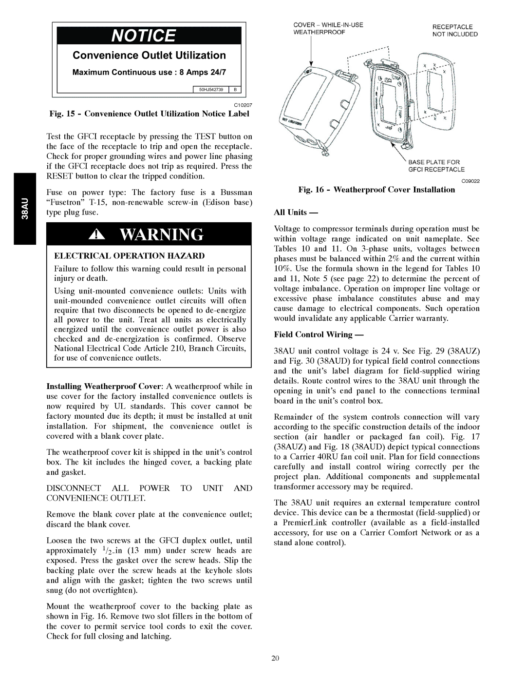 Carrier 38AU appendix Convenience Outlet Utilization Notice Label, Field Control Wiring 