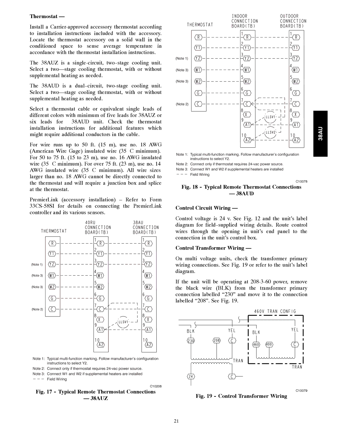 Carrier 38AU appendix Thermostat, Control Transformer Wiring 