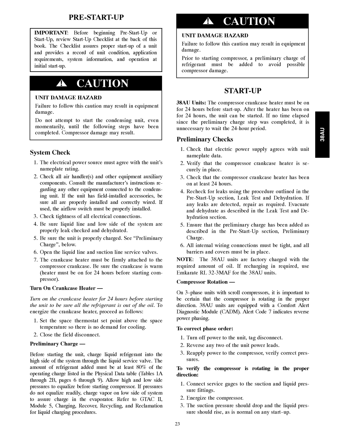 Carrier 38AU appendix Pre-Start-Up, System Check, Preliminary Checks 