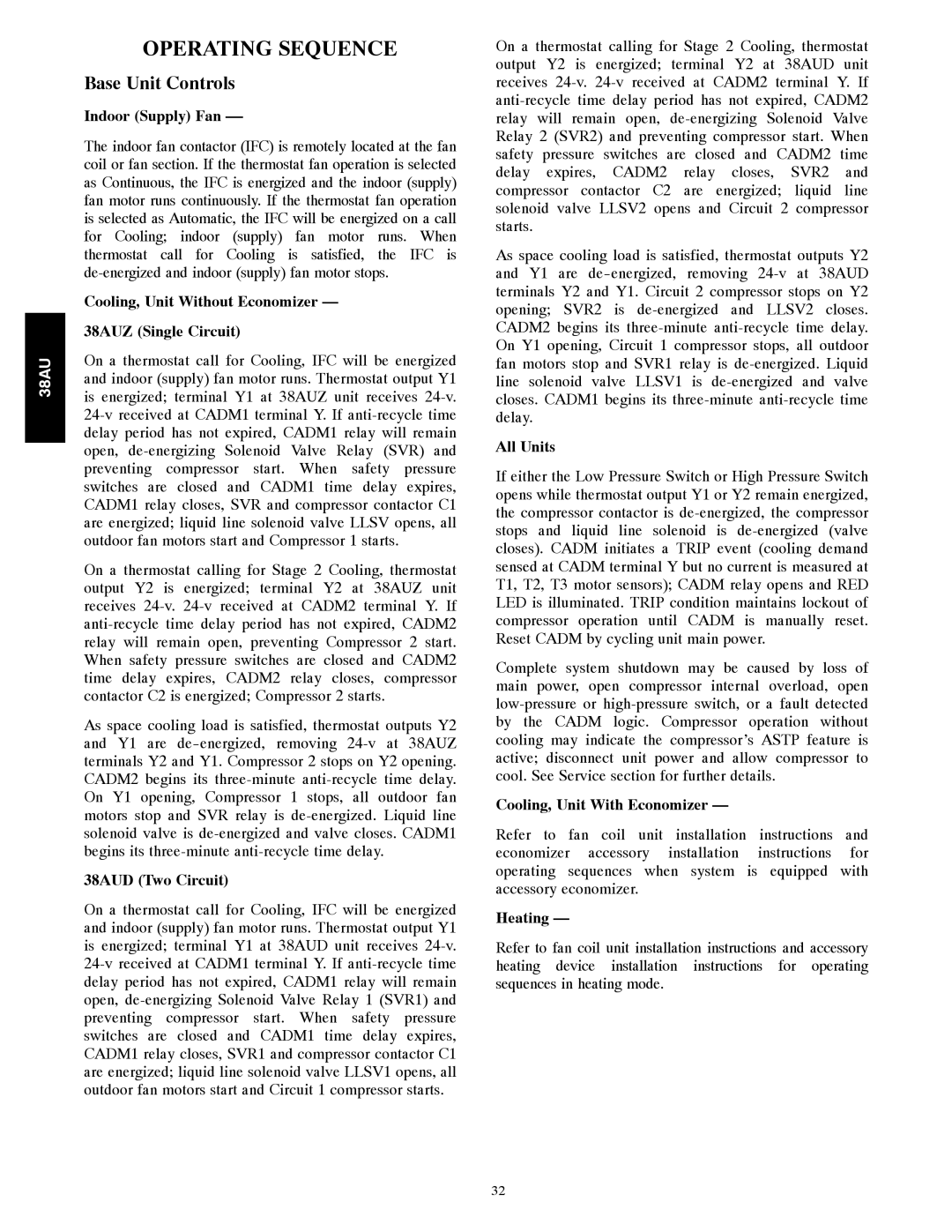 Carrier 38AU appendix Operating Sequence, Base Unit Controls 