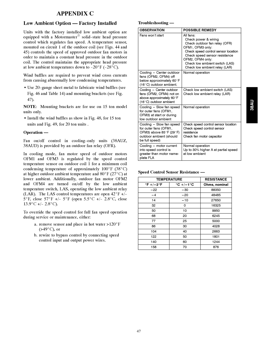 Carrier 38AU Appendix C, Low Ambient Option Factory Installed, Operation, Troubleshooting, Speed Control Sensor Resistance 