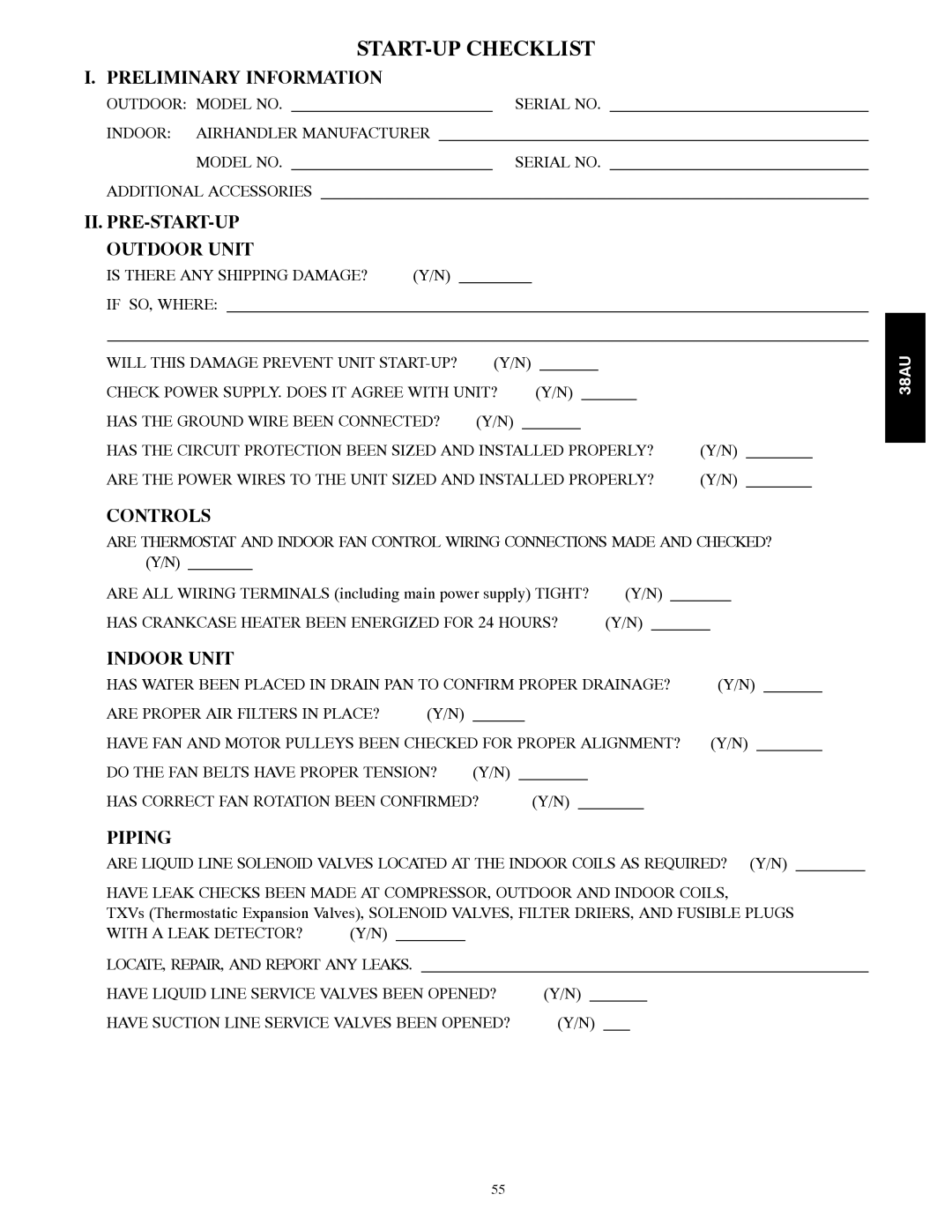 Carrier 38AU appendix START-UP Checklist, II. PRE-START-UP Outdoor Unit 