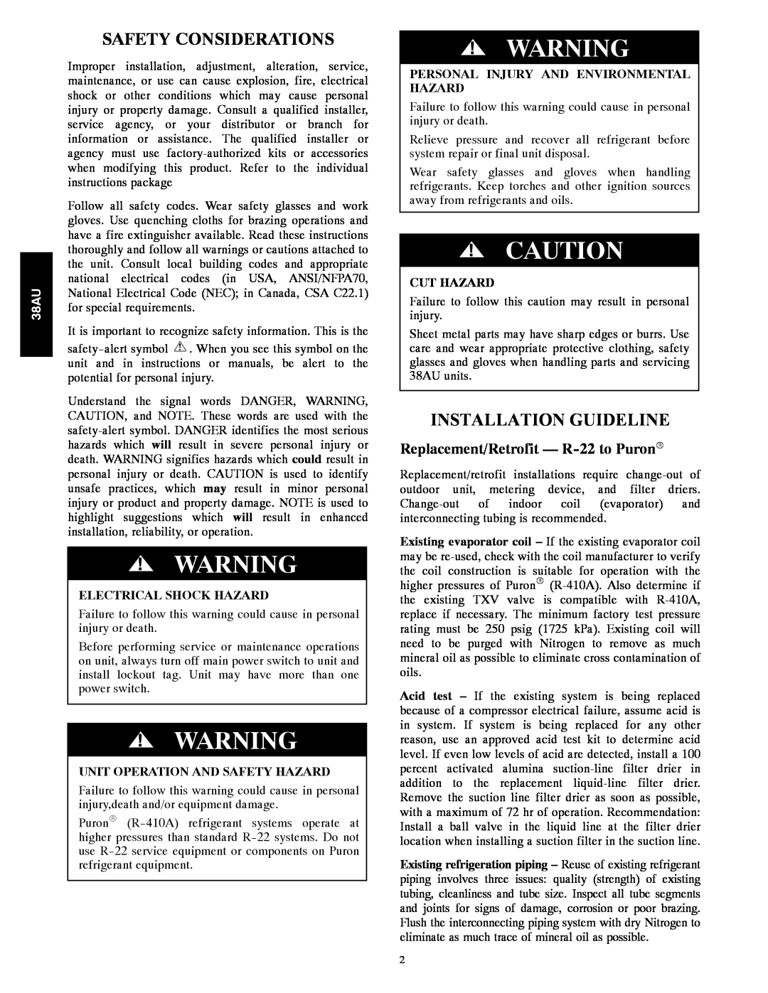 Carrier 38AU Safety Considerations, Installation Guideline, Replacement/Retrofit - R-22to PuronR, Electrical Shock Hazard 