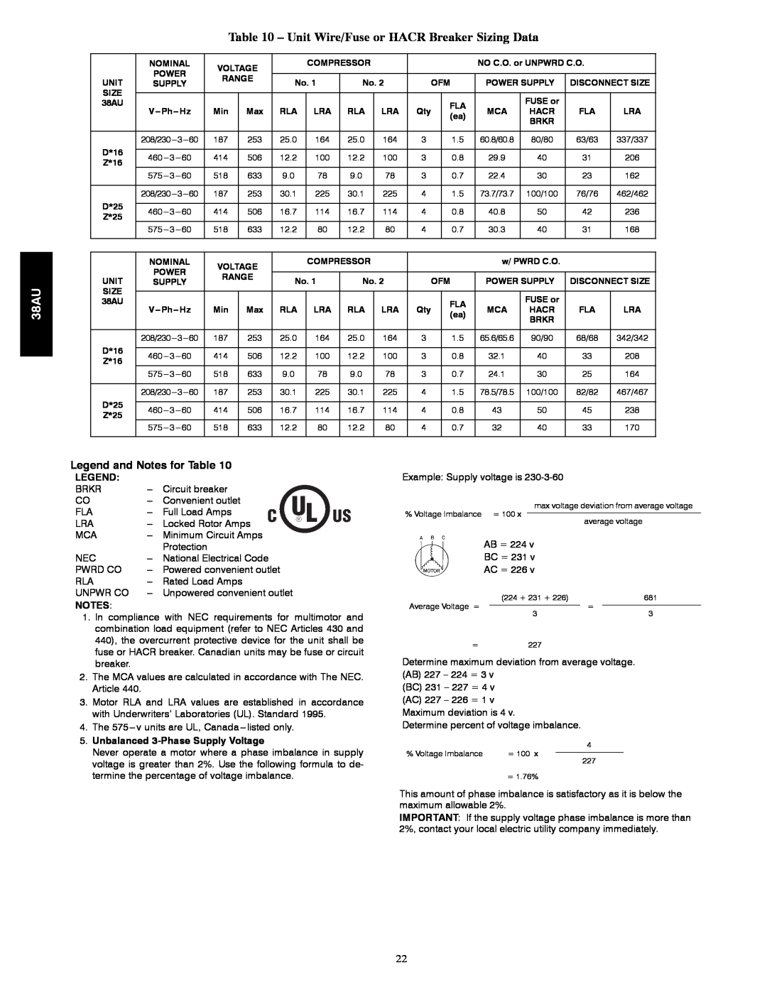 Carrier 38AU appendix Legend and Notes for Table, Unbalanced 3-PhaseSupply Voltage 