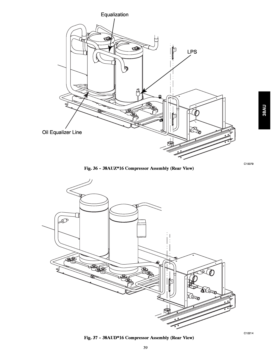 Carrier appendix Equalization LPS, Oil Equalizer Line, 38AUZ*16 Compressor Assembly Rear View, C10079, C10214 