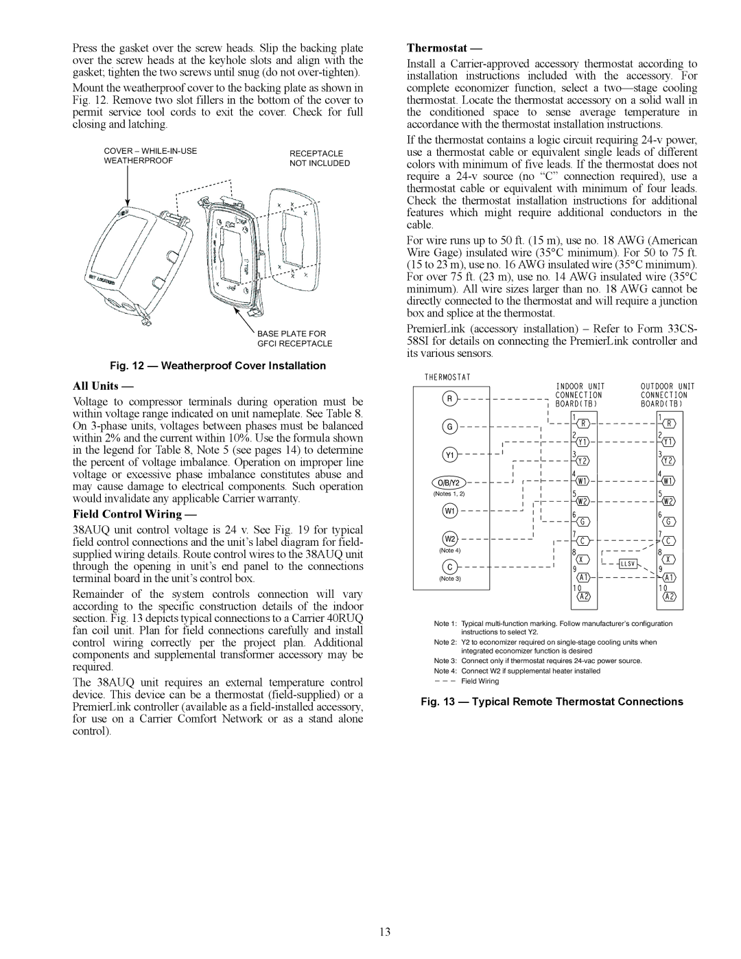 Carrier 38AUQ appendix Field Control Wiring, Thermostat 