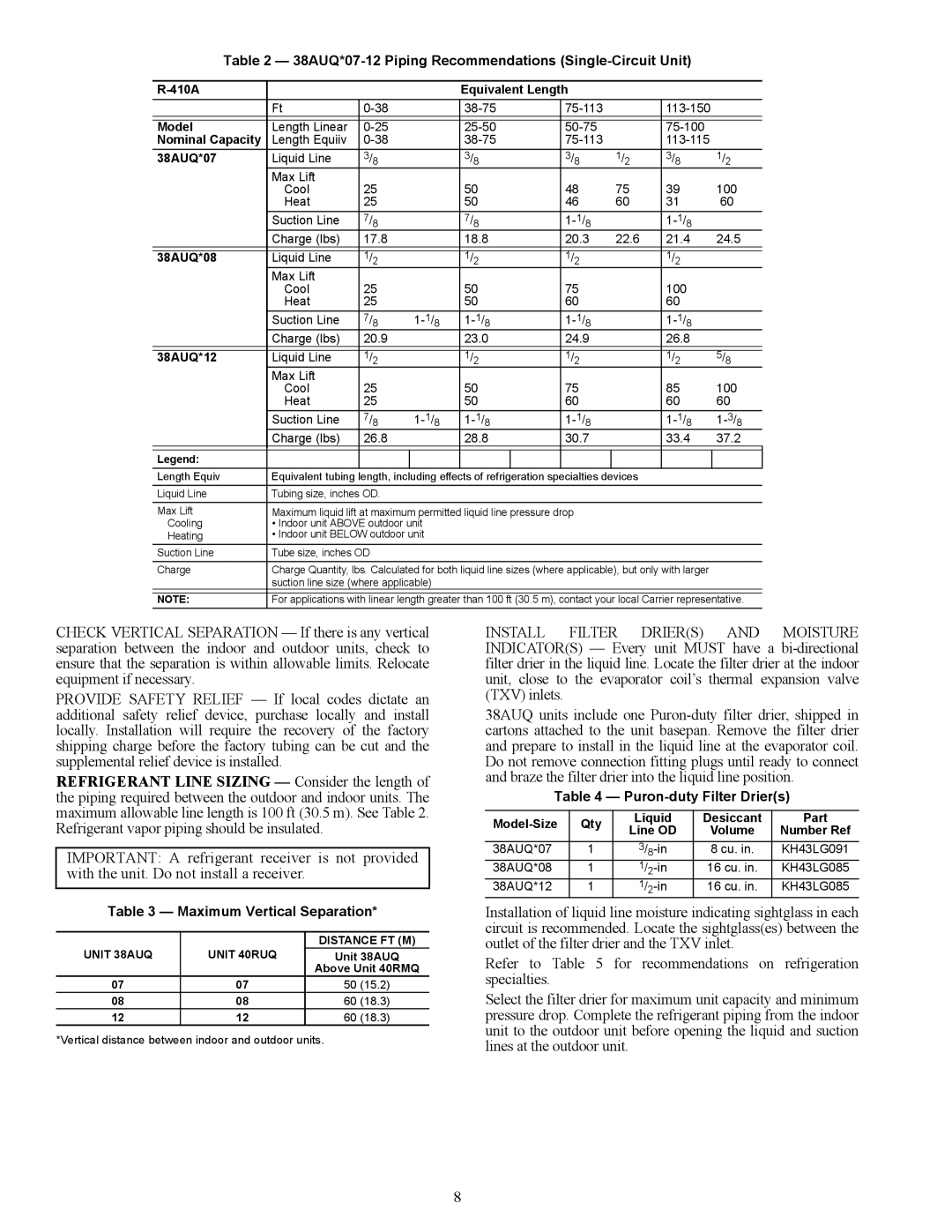 Carrier 38AUQ*07-12 Piping Recommendations Single-Circuit Unit, Maximum Vertical Separation, Puron-duty Filter Driers 