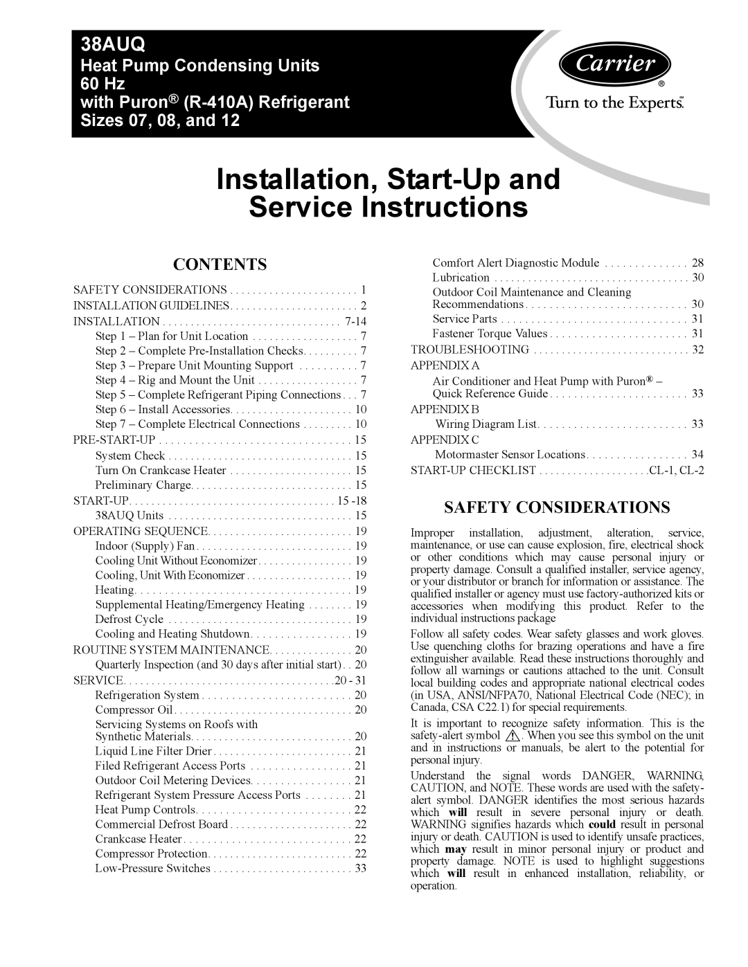 Carrier 38AUQ appendix Contents, Safety Considerations, Installation, Start-Upand Service Instructions 