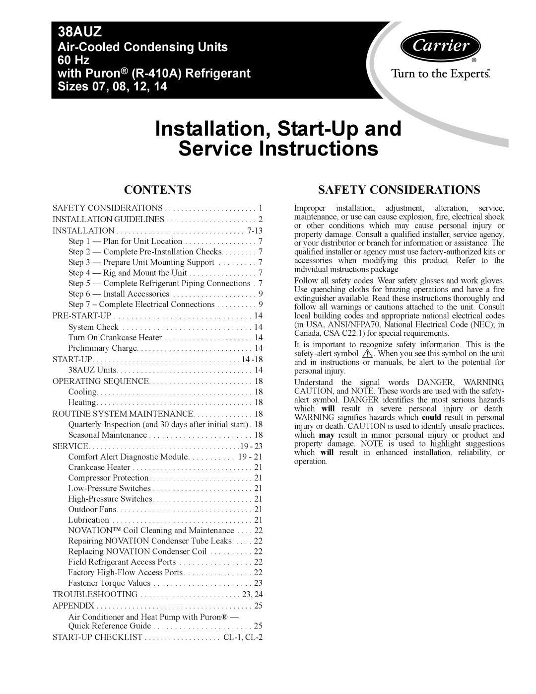 Carrier 38AUZ appendix Contents, Safety Considerations 