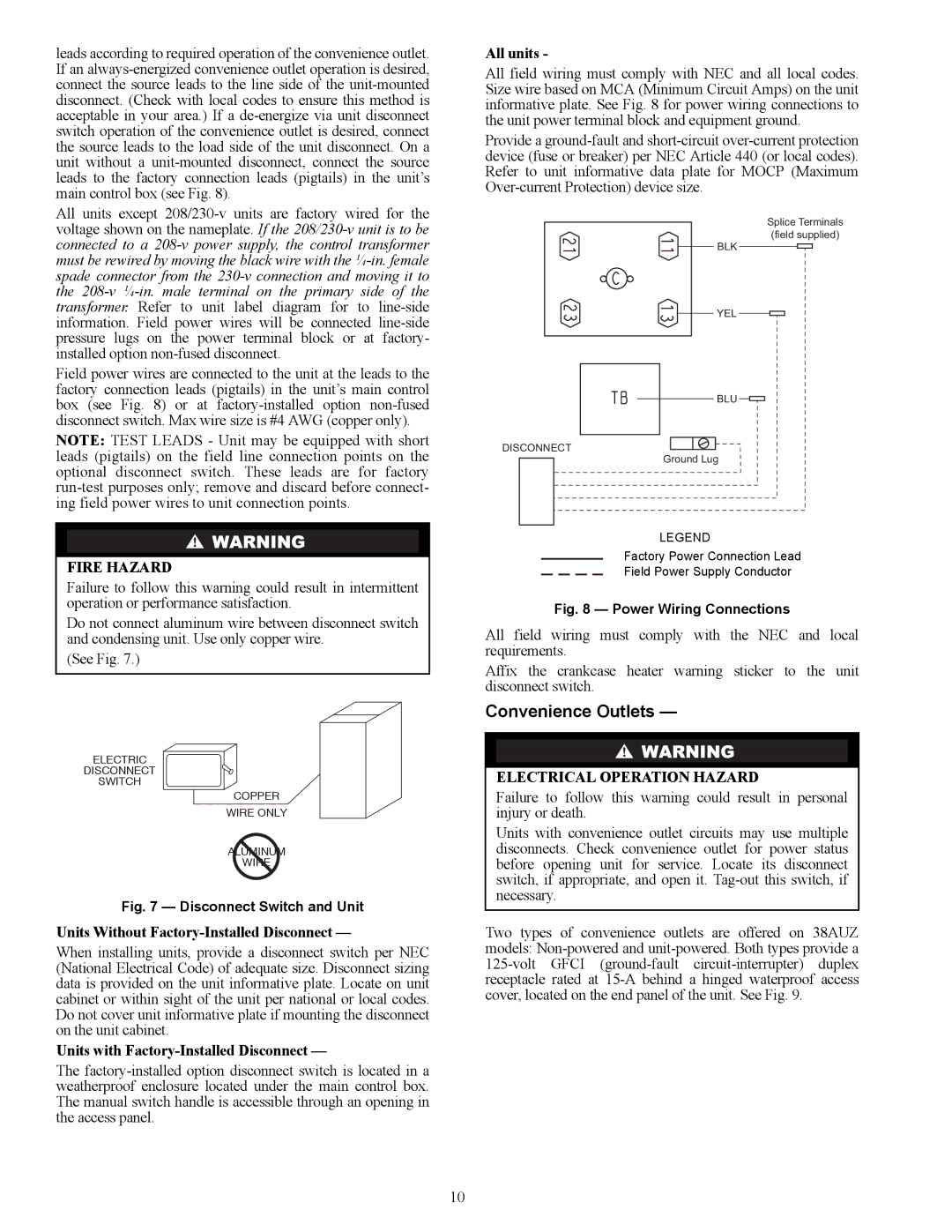 Carrier 38AUZ Convenience Outlets, Units Without Factory-Installed Disconnect, Units with Factory-Installed Disconnect 