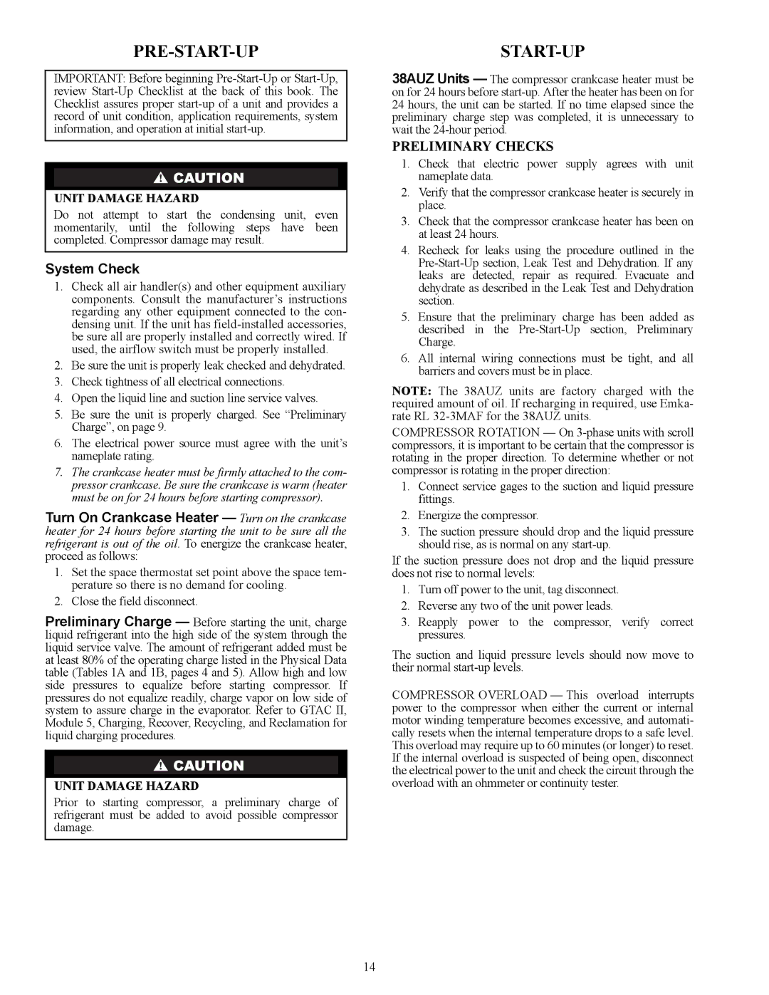 Carrier 38AUZ appendix Pre-Start-Up, System Check 