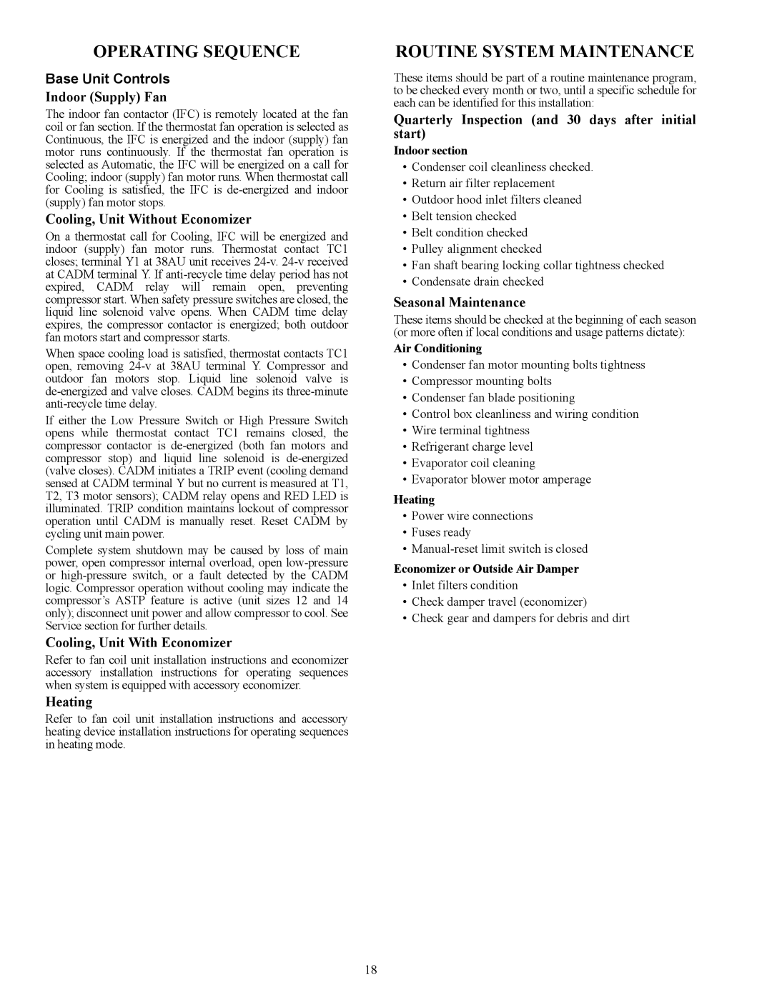 Carrier 38AUZ appendix Operating Sequence, Routine System Maintenance, Base Unit Controls 