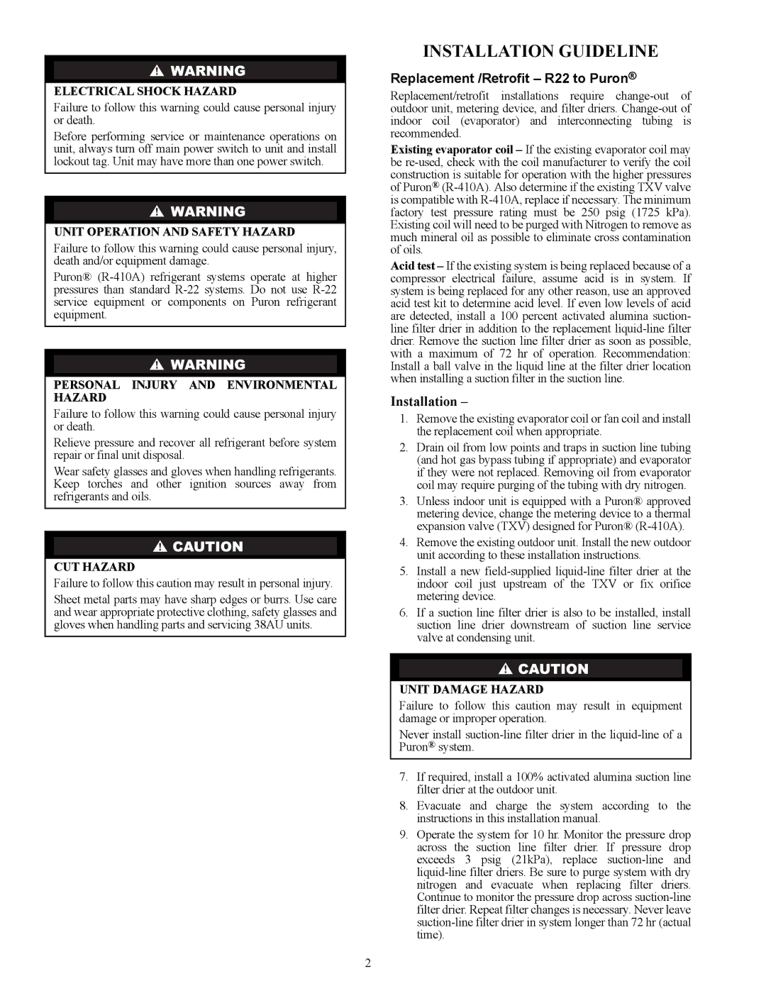 Carrier 38AUZ appendix Installation Guideline, Replacement /Retrofit R22 to Puron 