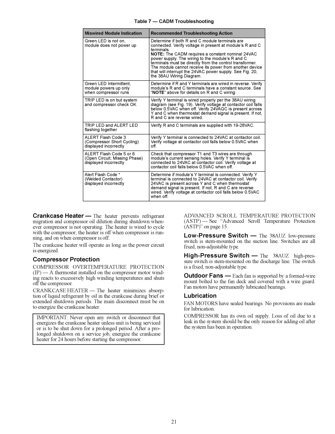 Carrier 38AUZ appendix Compressor Protection, Lubrication, Cadm Troubleshooting 