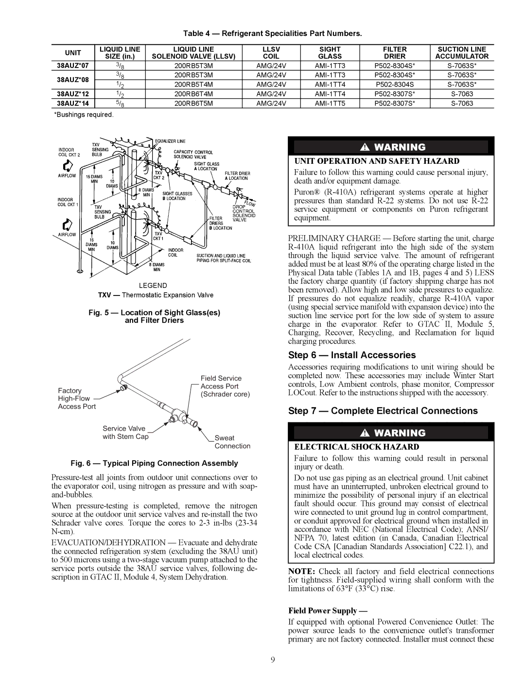 Carrier 38AUZ appendix Install Accessories, Complete Electrical Connections, Field Power Supply 