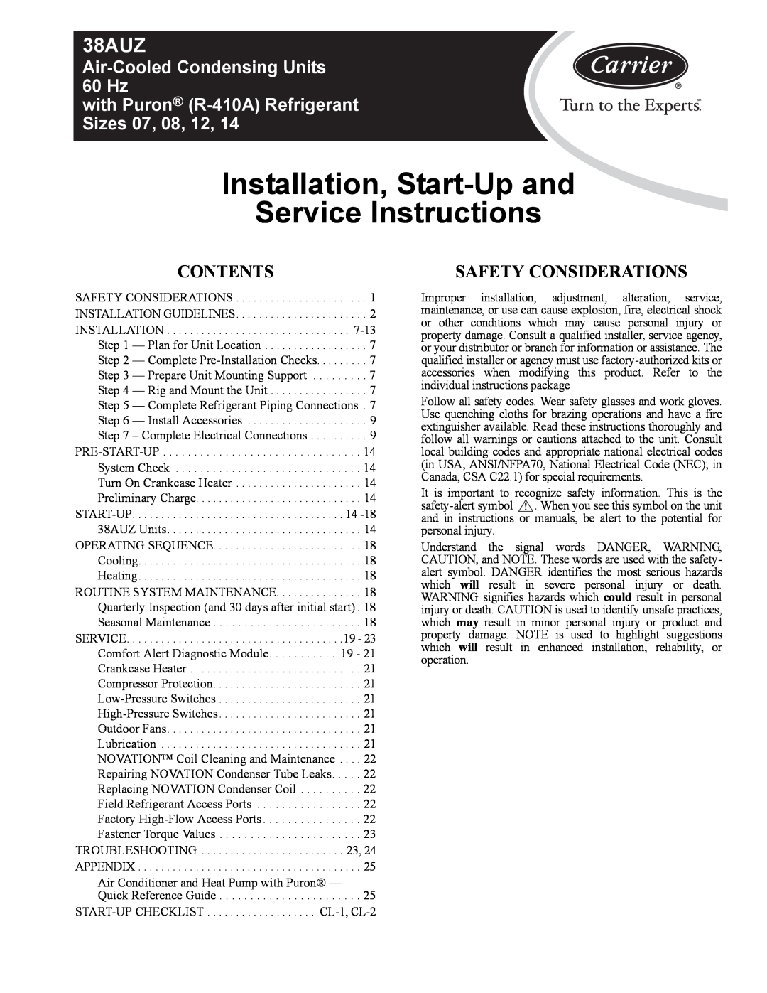 Carrier 38AUZ appendix Contents, Safety Considerations, Installation, Start-Upand Service Instructions 