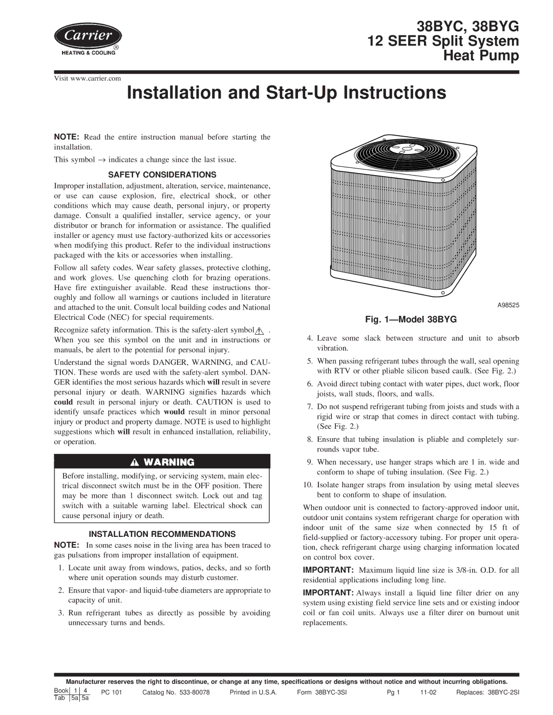 Carrier 38BYG, 38BYC instruction manual Safety Considerations, Installation Recommendations 