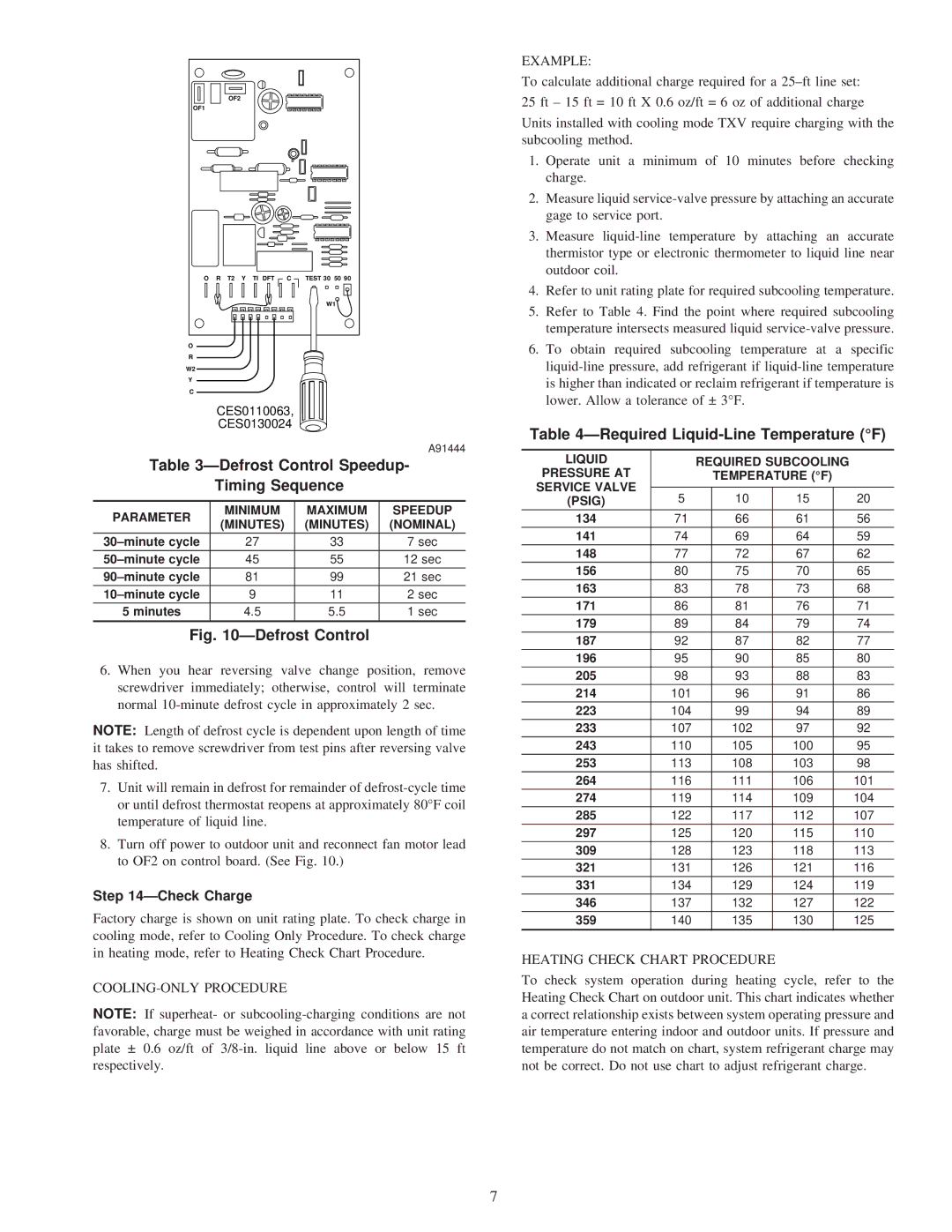 Carrier 38BYG, 38BYC Defrost Control Speedup Timing Sequence, Required Liquid-Line Temperature F, Check Charge 