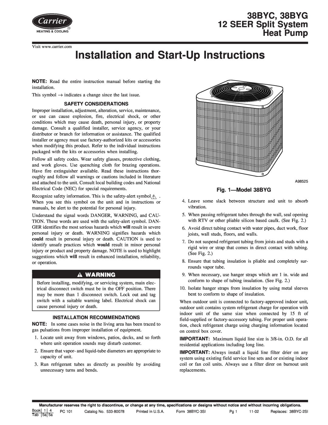 Carrier 38BYC instruction manual Model38BYG, Safety Considerations, Installation Recommendations 