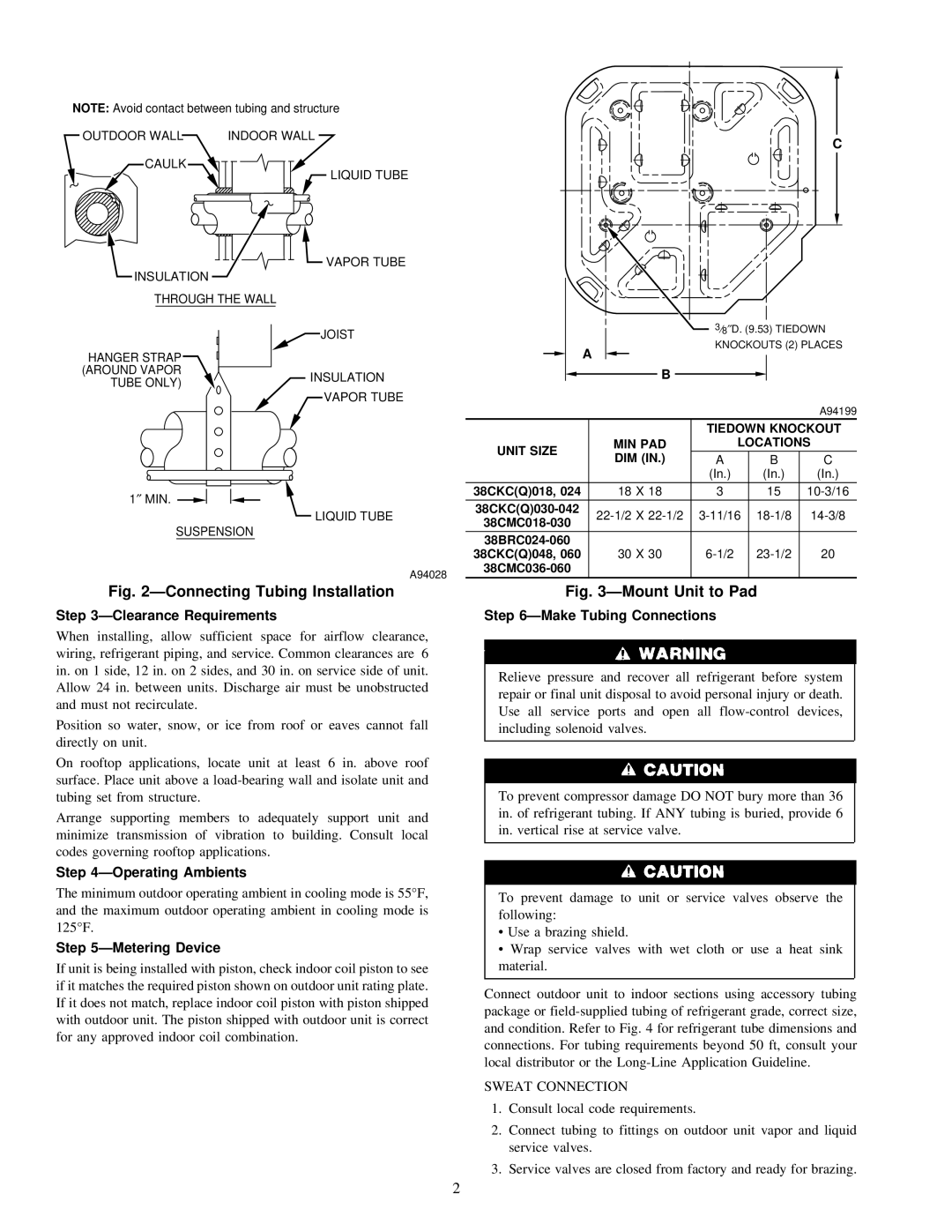 Carrier 38CKC(Q) ÐClearance Requirements ÐMake Tubing Connections, ÐOperating Ambients, ÐMetering Device, Sweat Connection 